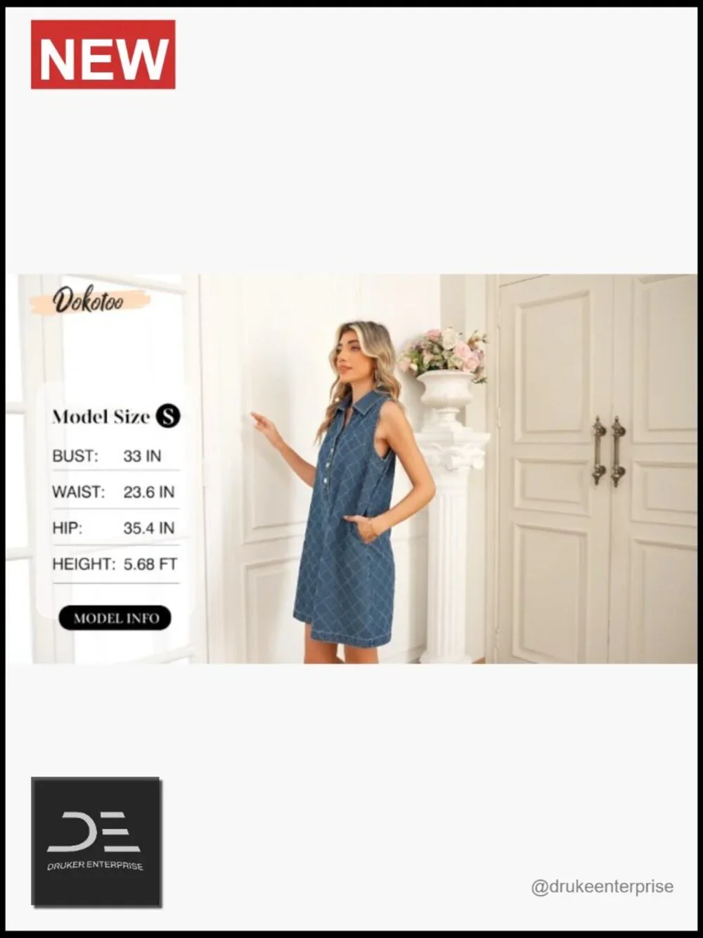 Sleeveless V Neck Button Mini Denim Dress with Pockets